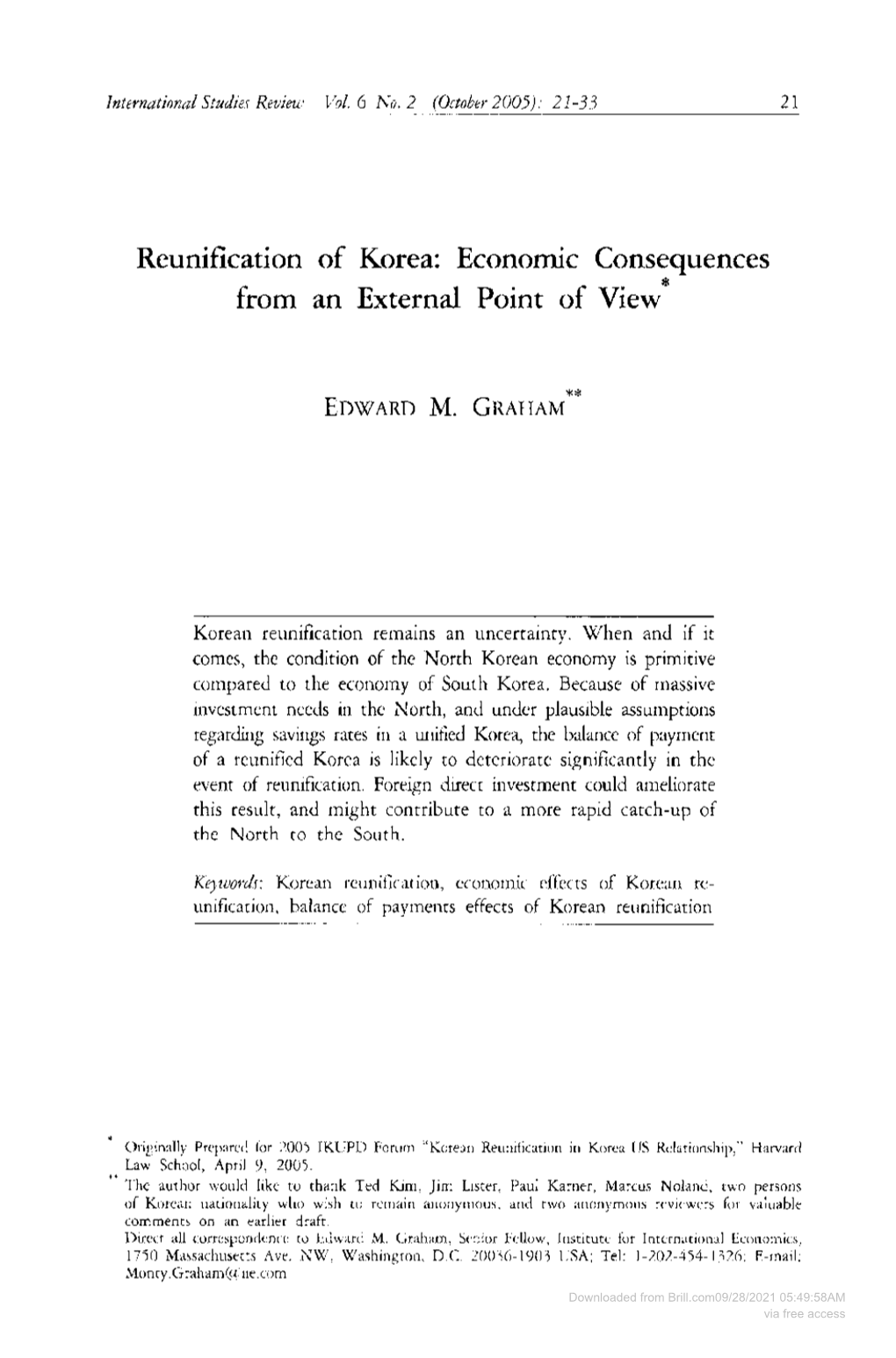 Reunification of Korea: Economic Consequences from an External Point of View*