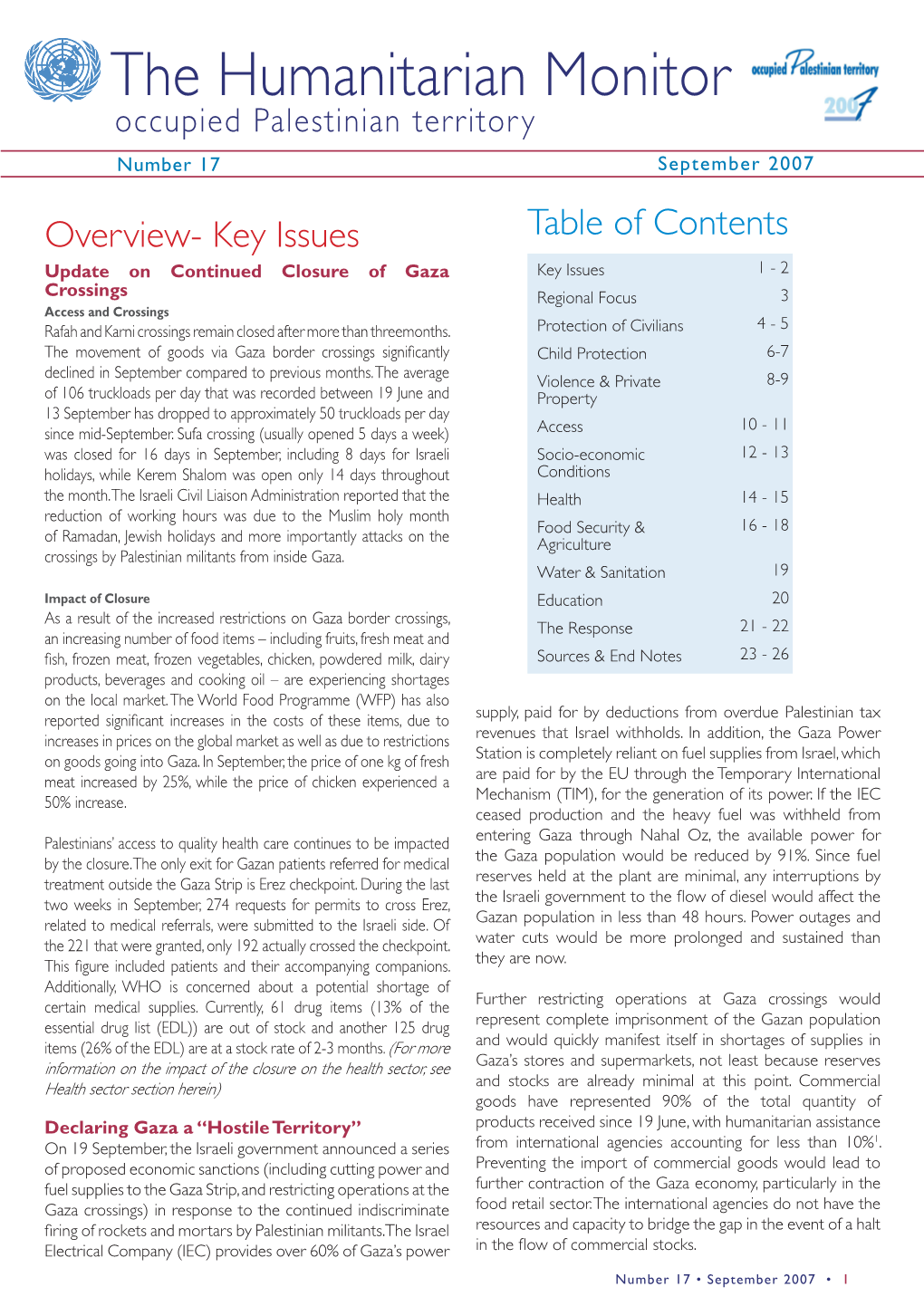 The Humanitarian Monitor CAP Occupied Palestinian Territory Number 17 September 2007