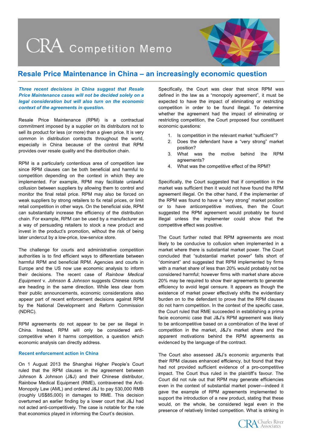 Resale Price Maintenance in China – an Increasingly Economic Question