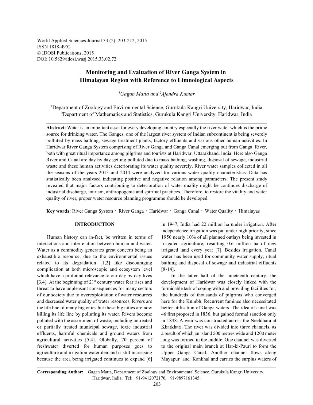 Monitoring and Evaluation of River Ganga System in Himalayan Region with Reference to Limnological Aspects