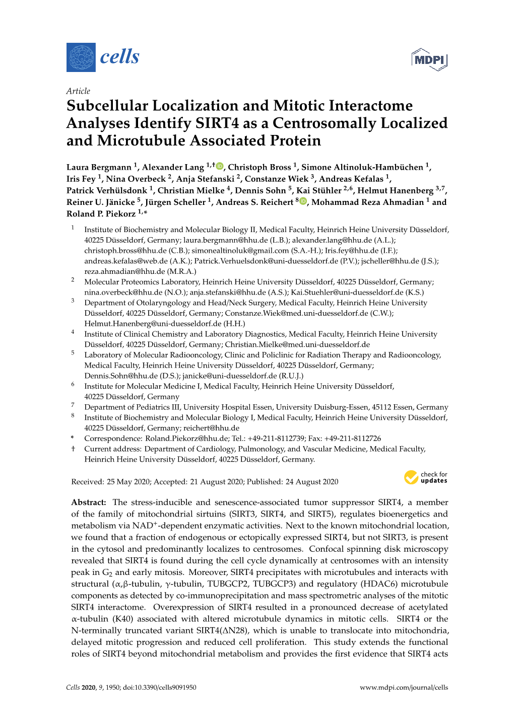 Subcellular Localization and Mitotic Interactome Analyses Identify SIRT4 As a Centrosomally Localized and Microtubule Associated Protein