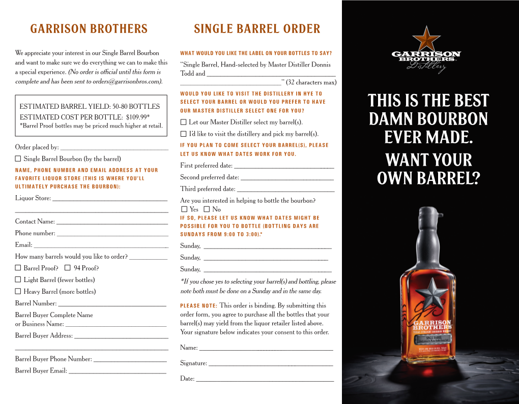 Garrison Brothers Single Barrel Order