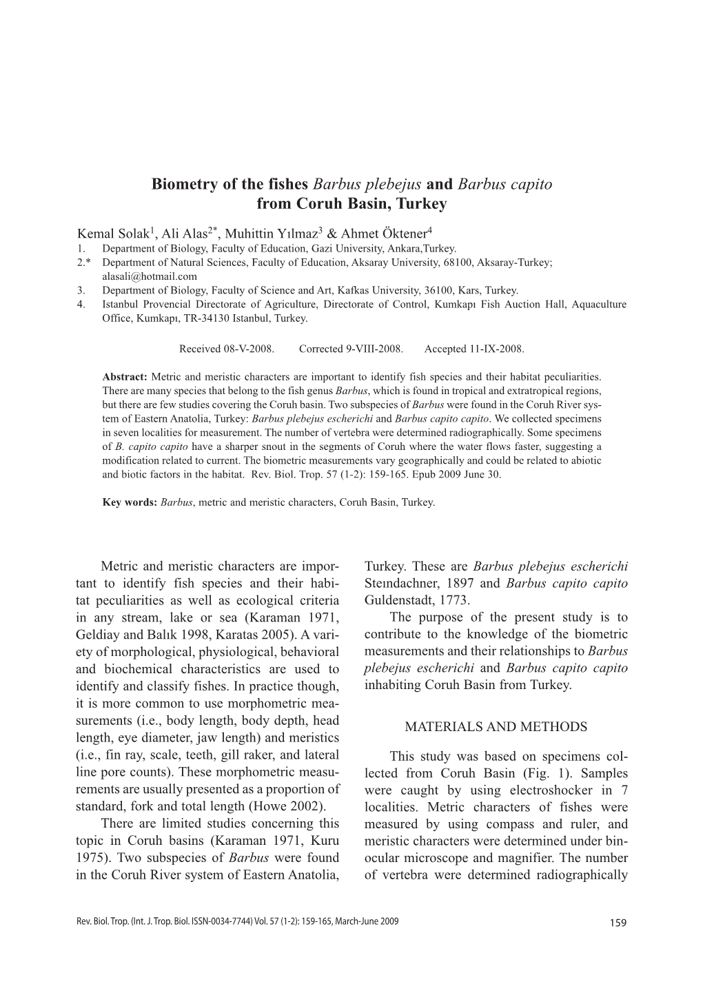 Biometry of the Fishes Barbus Plebejus and Barbus Capito from Coruh Basin, Turkey