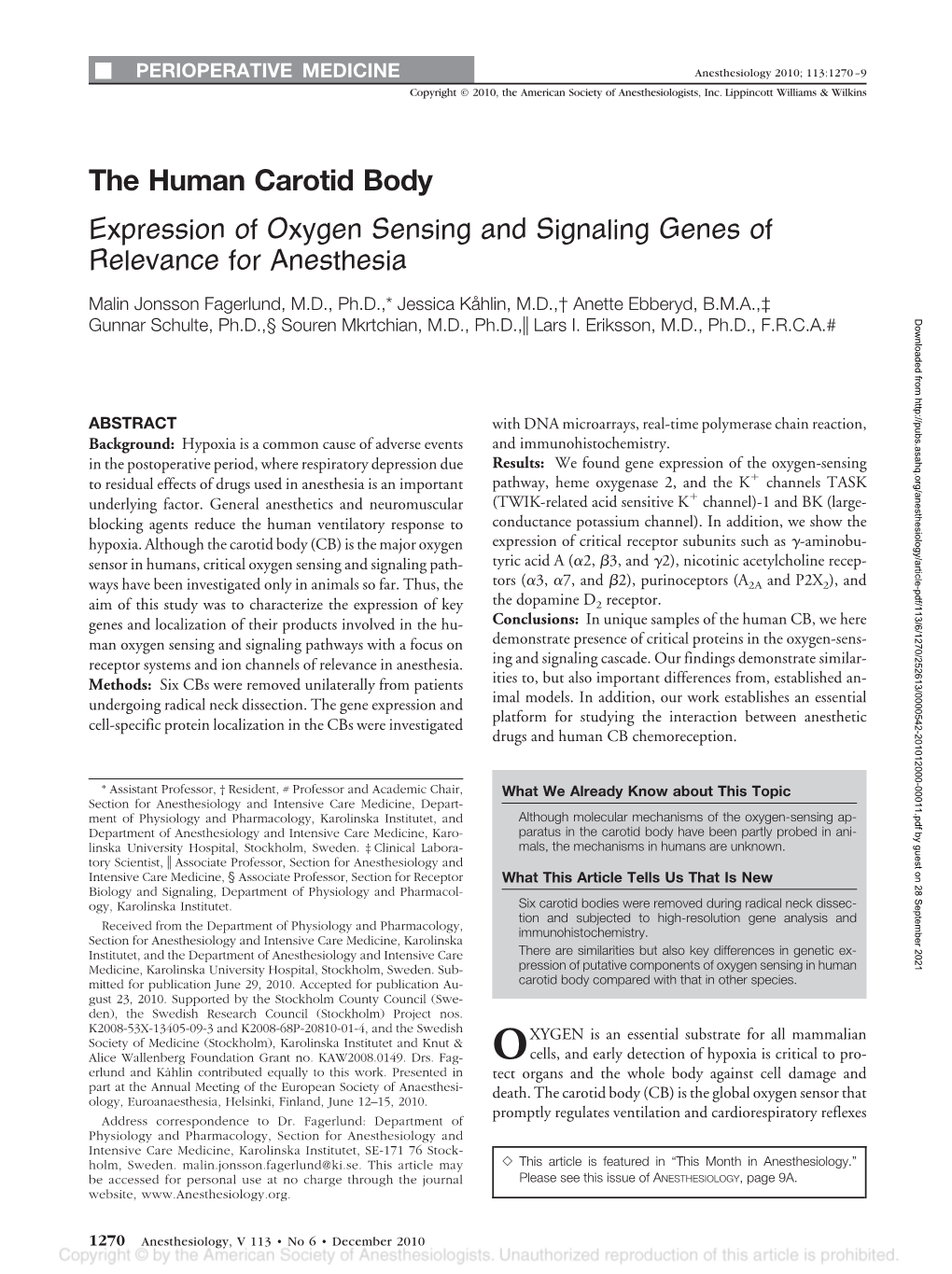 The Human Carotid Body Expression of Oxygen Sensing and Signaling Genes of Relevance for Anesthesia