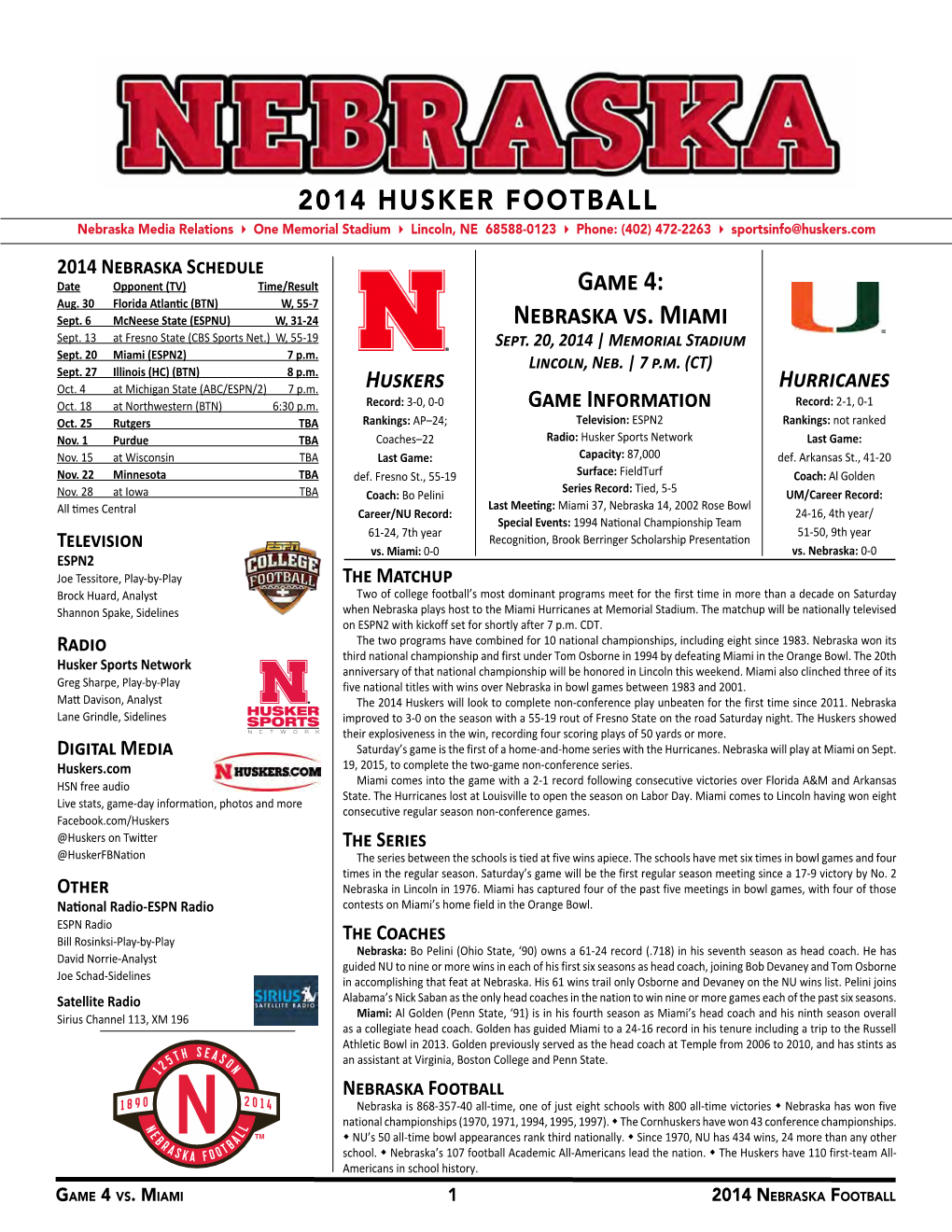 2014 HUSKER FOOTBALL Game 4: Nebraska Vs. Miami