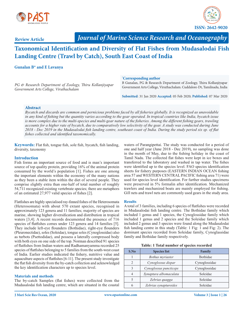 Taxonomical Identification and Diversity of Flat Fishes from Mudasalodai Fish Landing Centre (Trawl by Catch), South East Coast of India