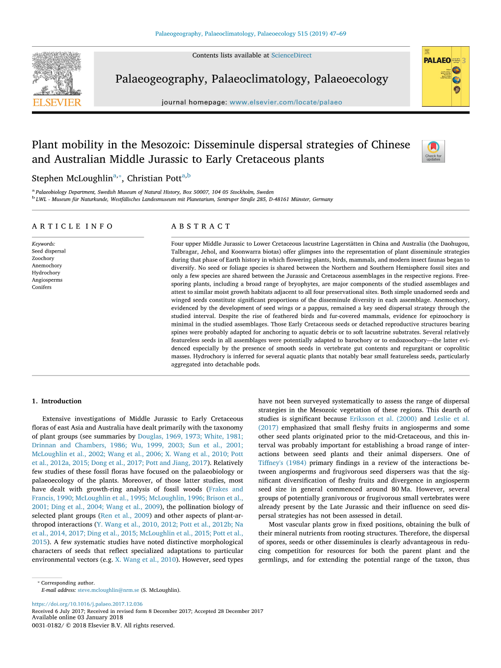 Plant Mobility in the Mesozoic Disseminule Dispersal Strategies Of