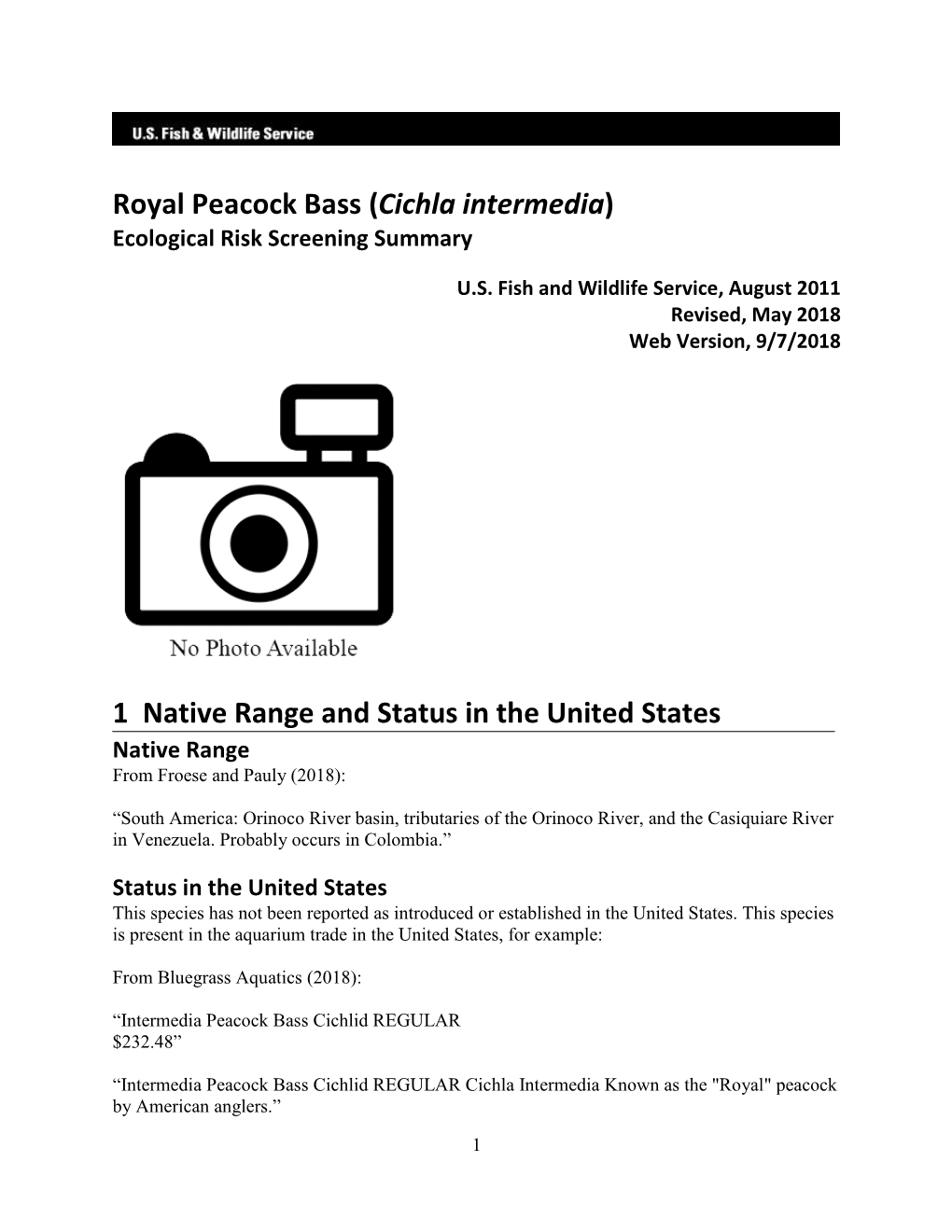 Royal Peacock Bass (Cichla Intermedia) Ecological Risk Screening Summary