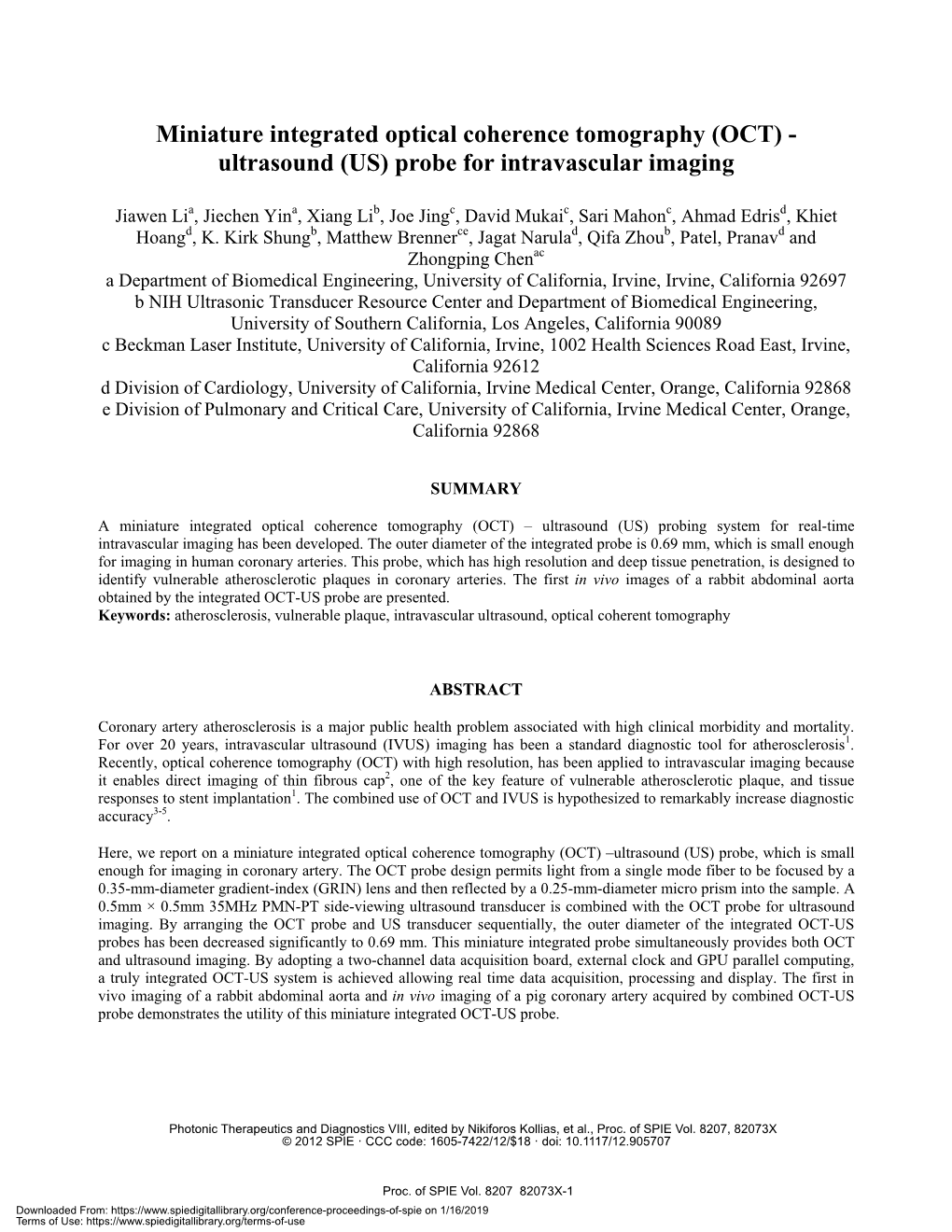 Miniature Integrated Optical Coherence Tomography (OCT) - Ultrasound (US) Probe for Intravascular Imaging