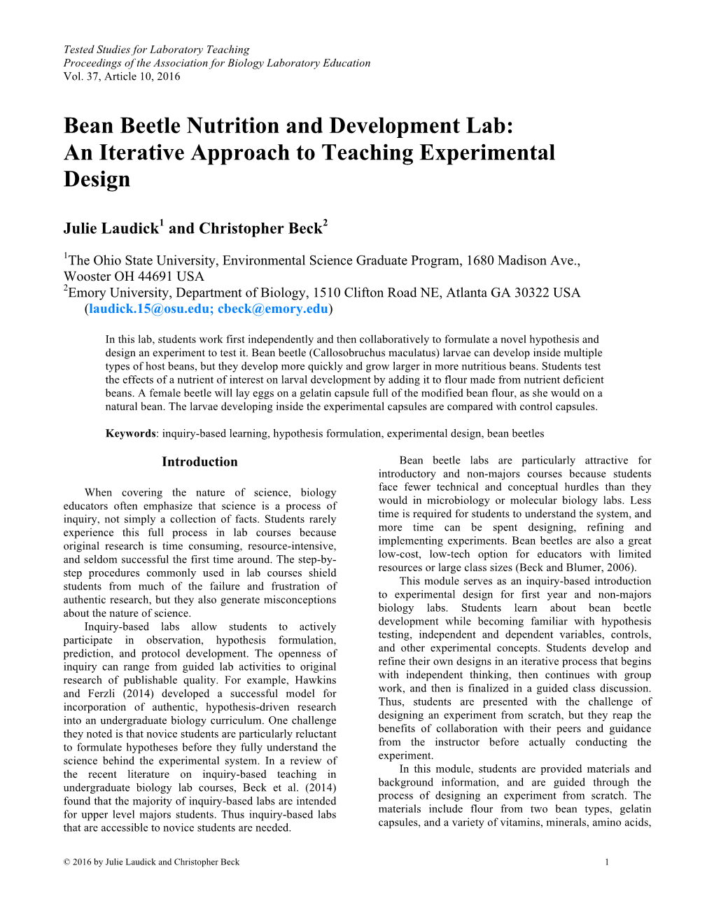 Bean Beetle Nutrition and Development Lab: an Iterative Approach to Teaching Experimental Design