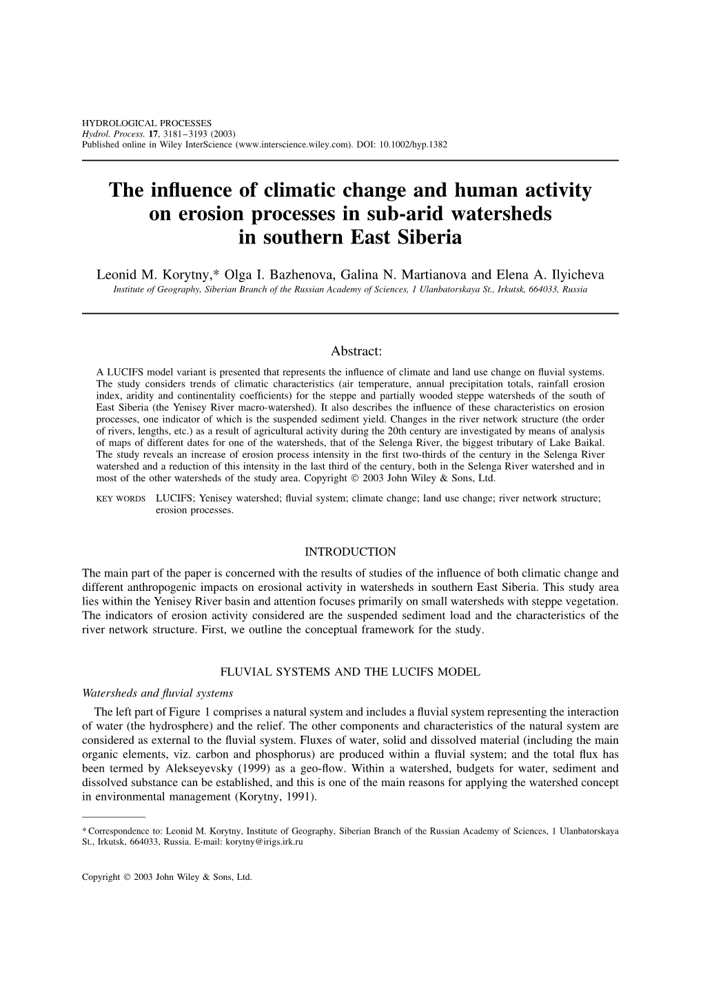 The Influence of Climatic Change and Human Activity on Erosion Processes in Sub-Arid Watersheds in Southern East Siberia