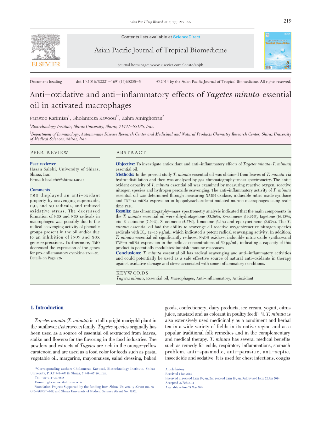 Anti–Oxidative and Anti–Inflammatory Effects of Tagetes Minuta Essential Oil in Activated Macrophages