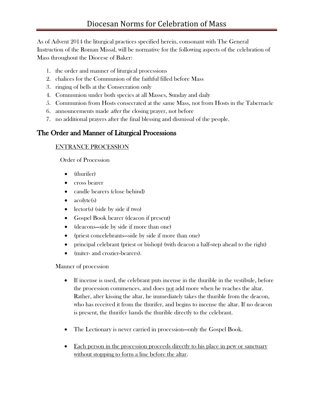 Diocesan Norms for Celebration of Mass