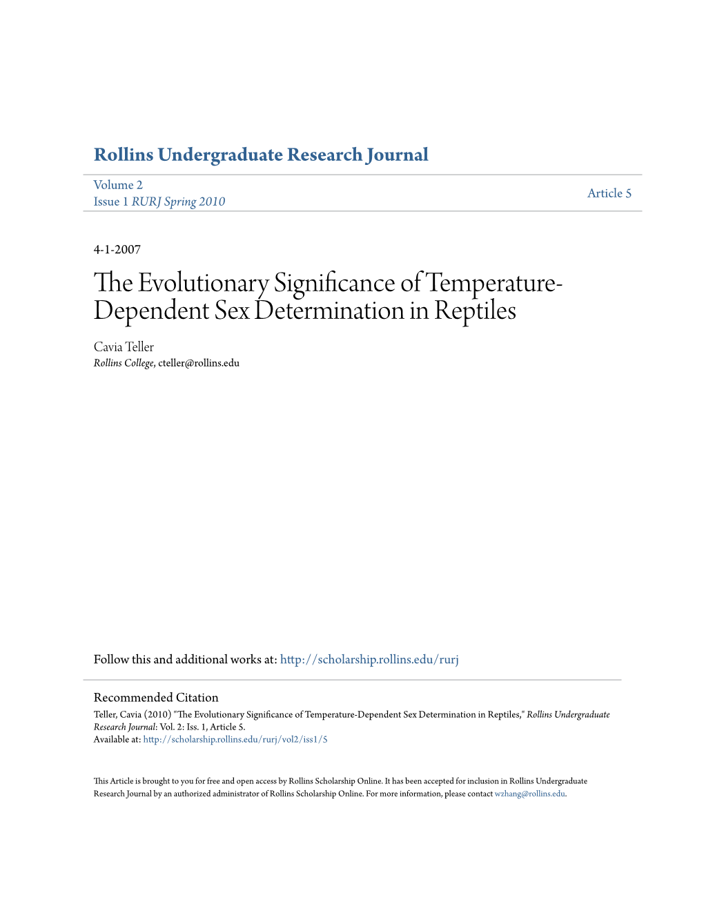 The Evolutionary Significance of Temperature-Dependent Sex Determination in Reptiles