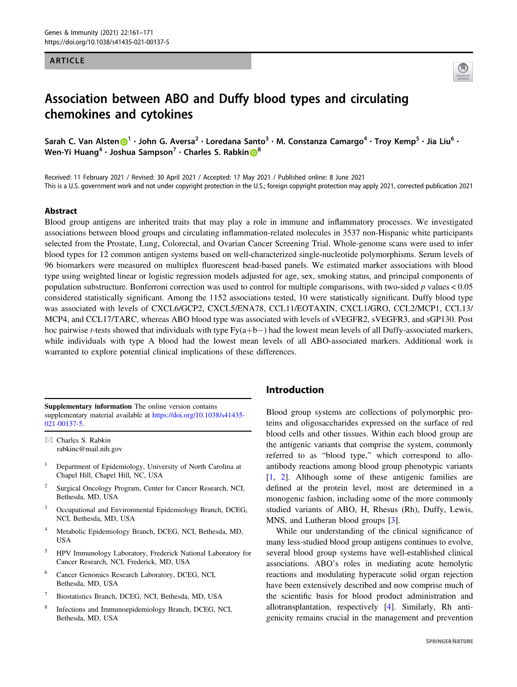 Association Between ABO and Duffy Blood Types and Circulating Chemokines and Cytokines