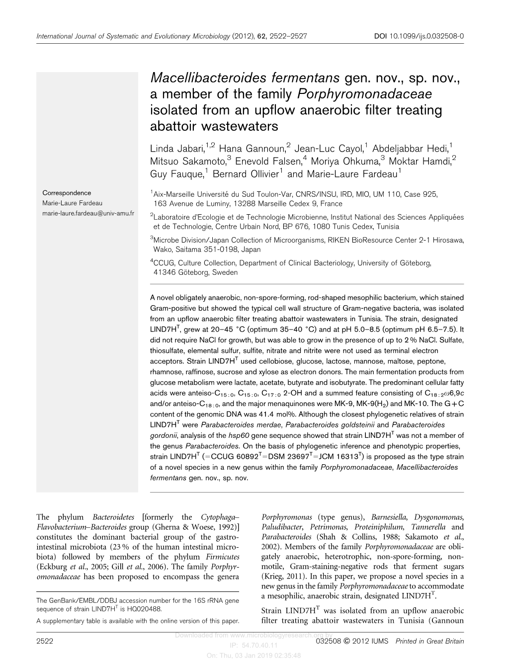 Macellibacteroides Fermentans Gen. Nov., Sp. Nov., a Member of the Family Porphyromonadaceae Isolated from an Upflow Anaerobic Filter Treating Abattoir Wastewaters