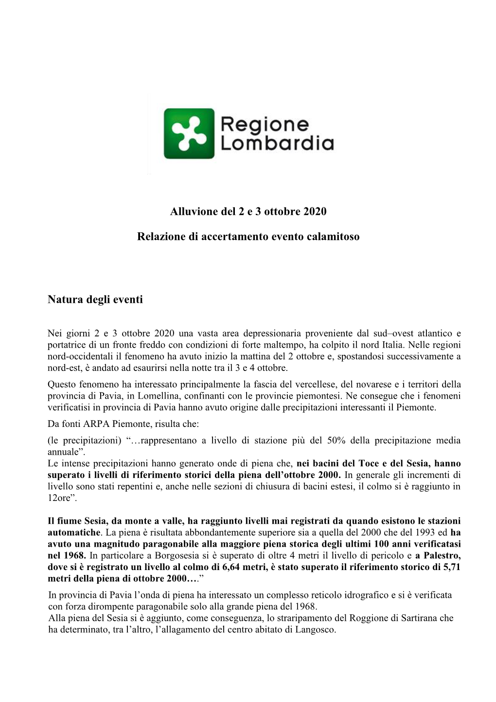 Alluvione Del 2 E 3 Ottobre 2020 Relazione Di Accertamento Evento Calamitoso Natura Degli Eventi