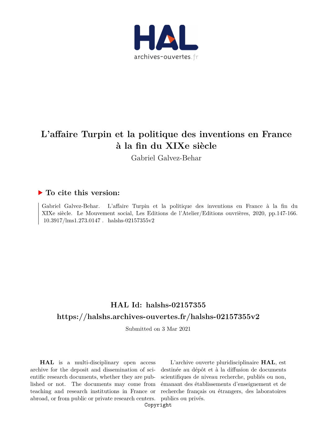 L'affaire Turpin Et La Politique Des Inventions En France À La Fin Du Xixe Siècle