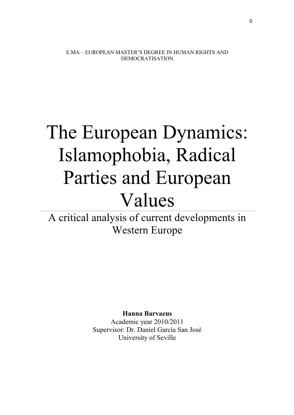 Islamophobia, Radical Parties and European Values a Critical Analysis of Current Developments in Western Europe