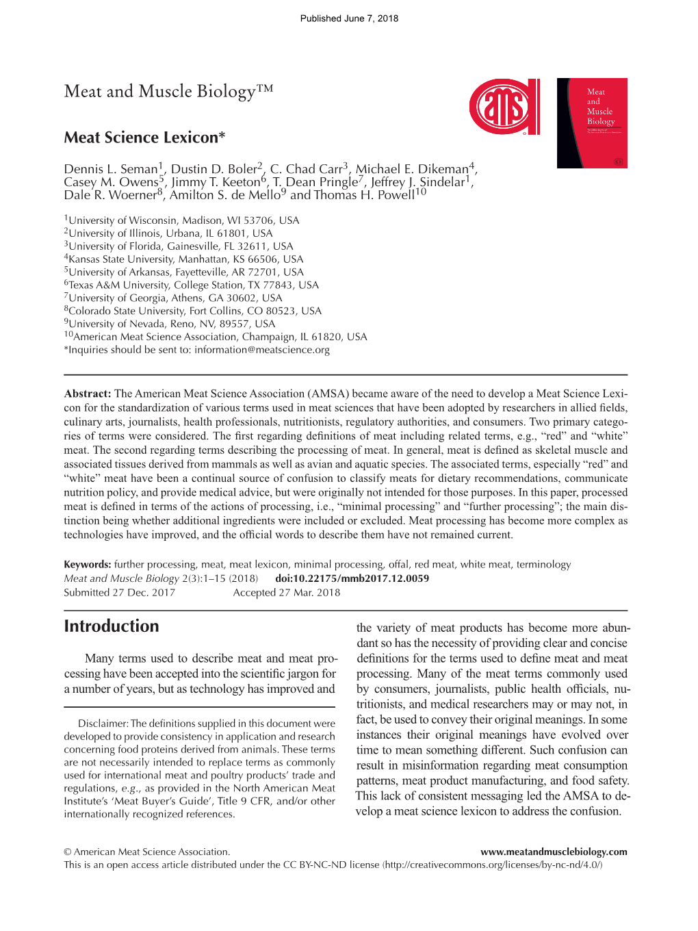 Meat and Muscle Biology™ Introduction