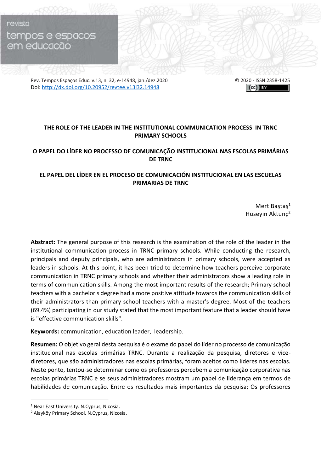 The Role of the Leader in the Institutional Communication Process in Trnc Primary Schools O Papel Do Líder No Processo De Comu