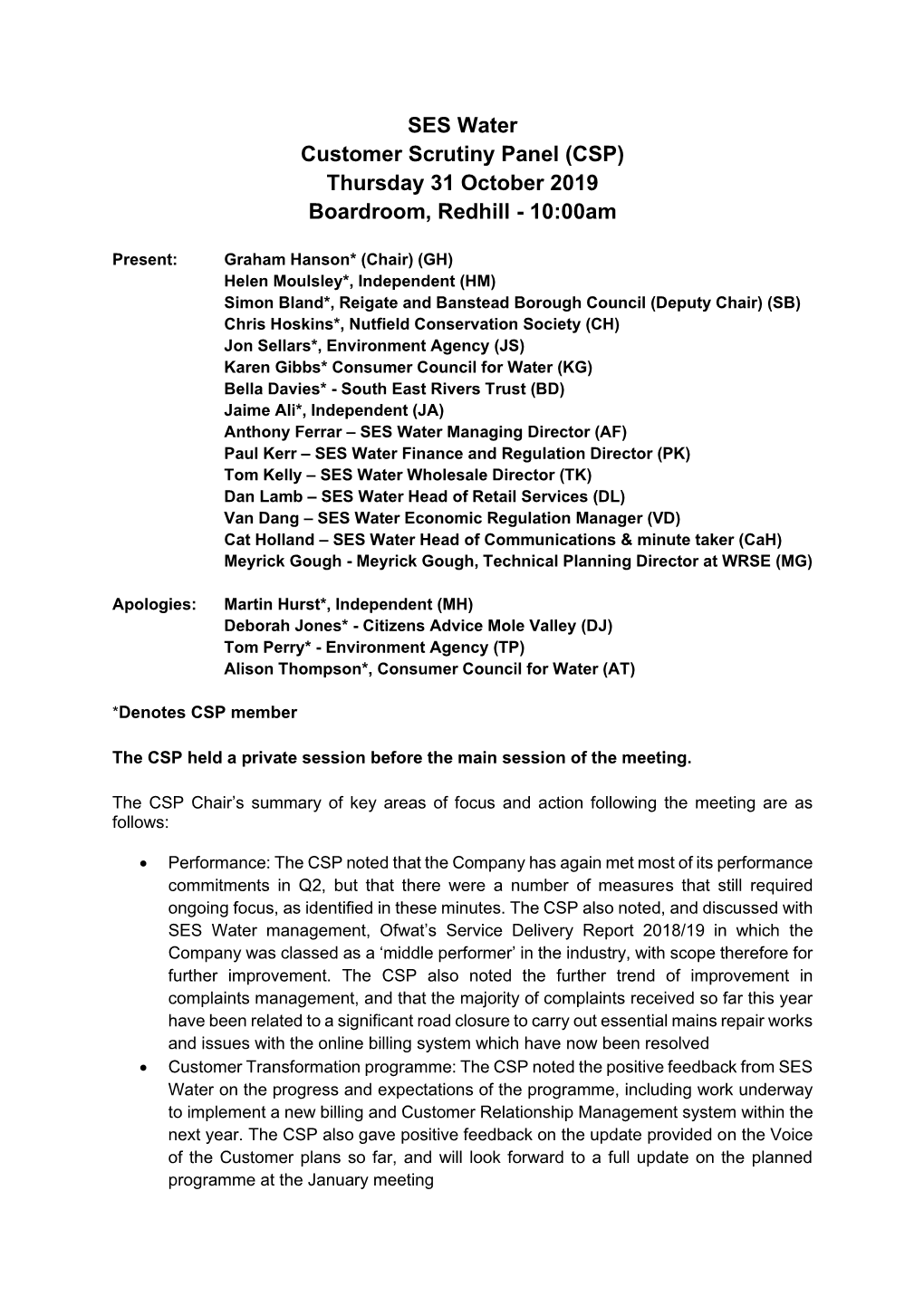 SES Water Customer Scrutiny Panel (CSP) Thursday 31 October 2019 Boardroom, Redhill - 10:00Am