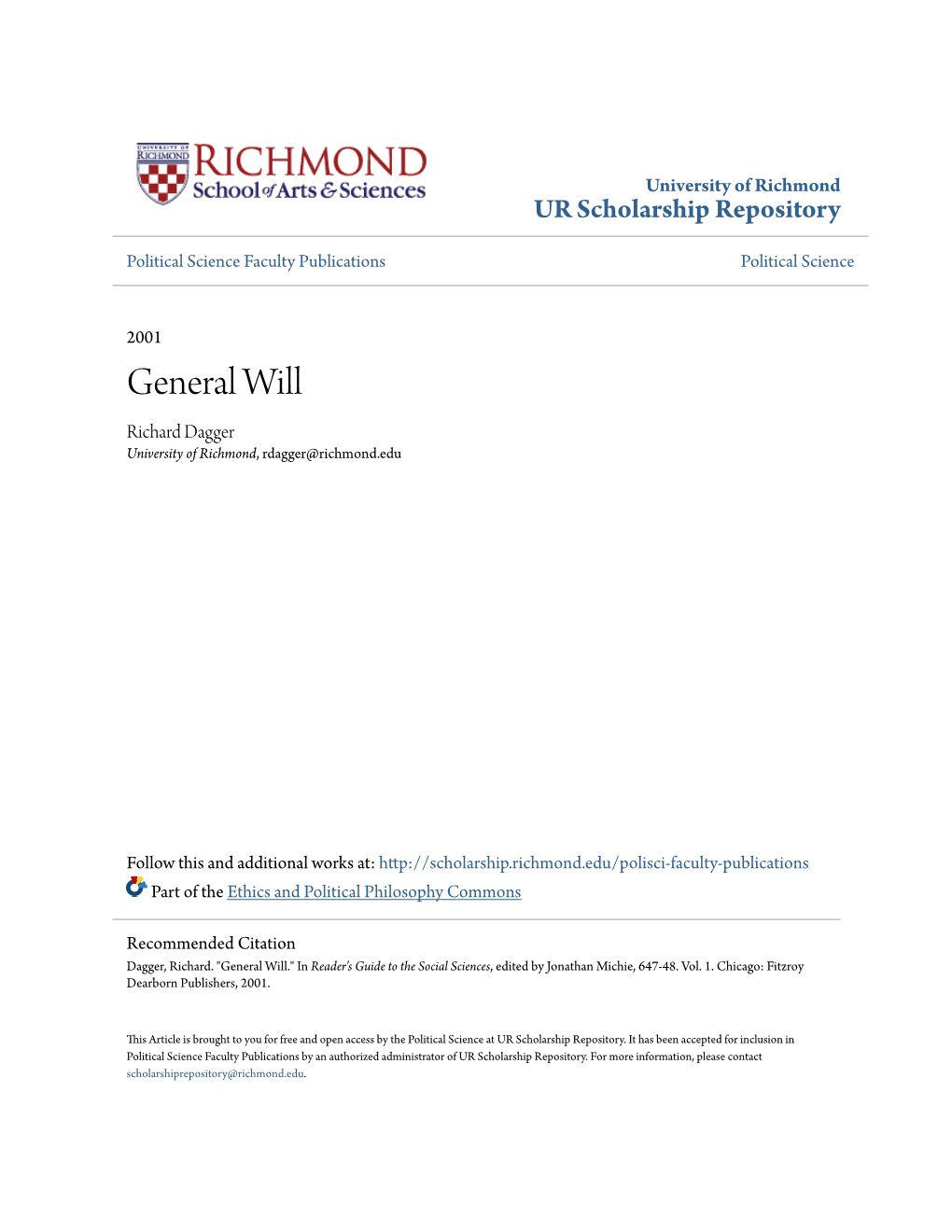 General Will Richard Dagger University of Richmond, Rdagger@Richmond.Edu