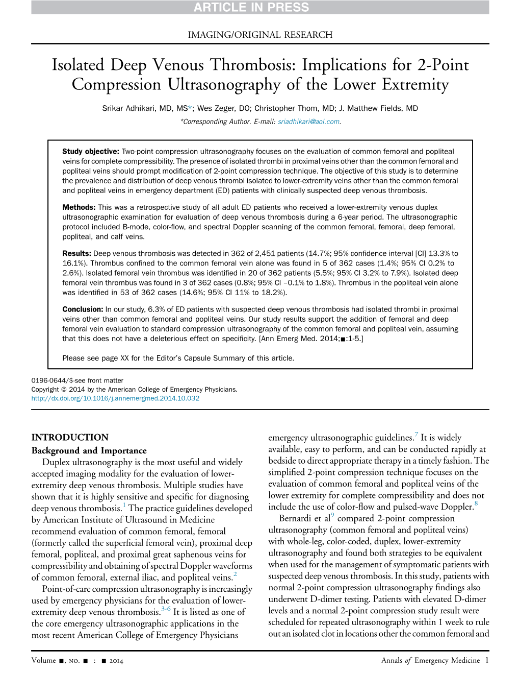 Isolated Deep Venous Thrombosis: Implications for 2-Point Compression Ultrasonography of the Lower Extremity