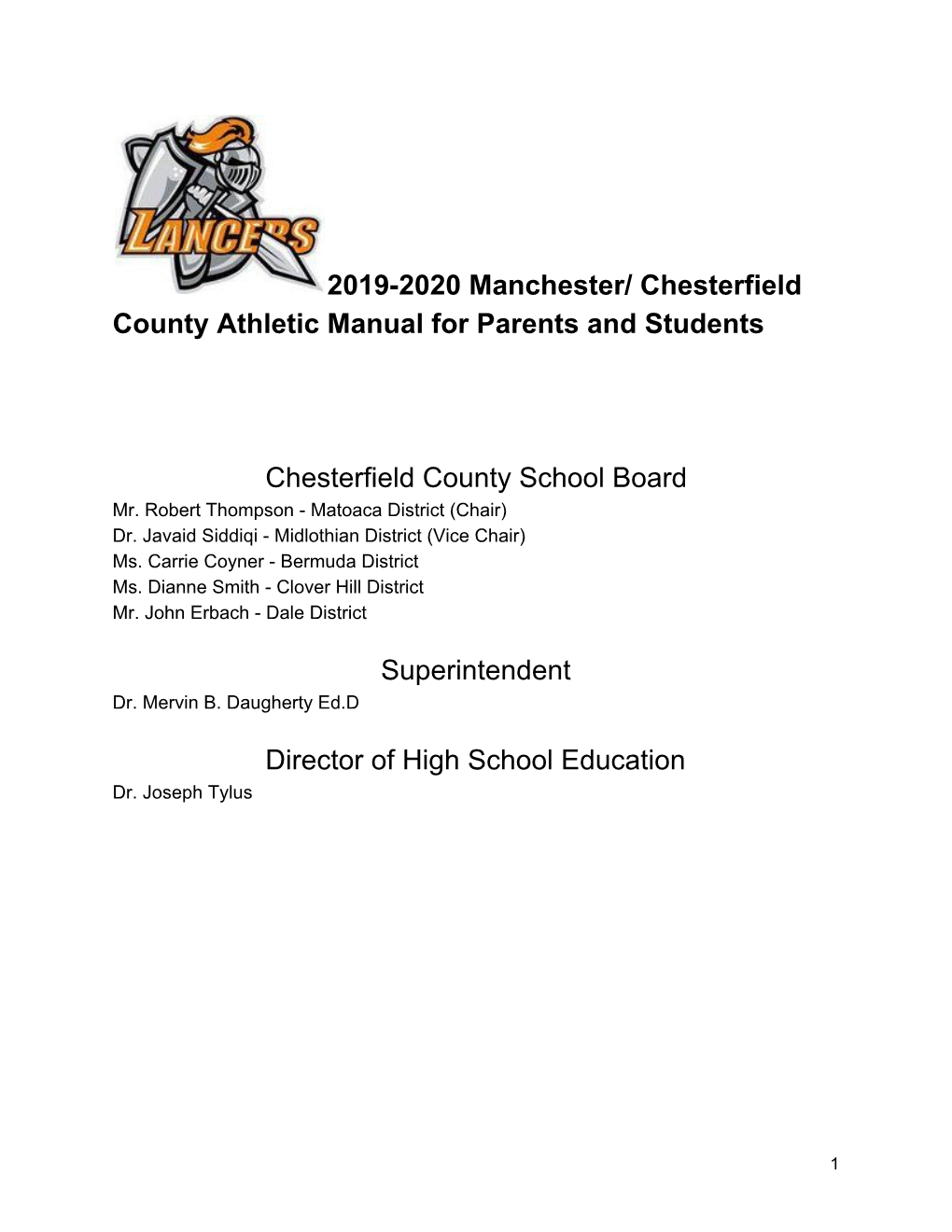 2019-2020 Manchester/ Chesterfield County Athletic Manual for Parents and Students