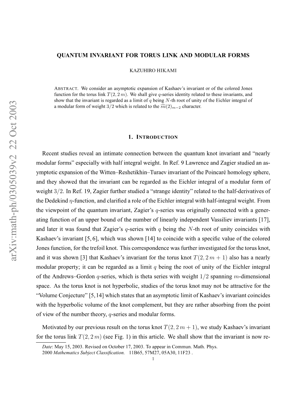 Arxiv:Math-Ph/0305039V2 22 Oct 2003