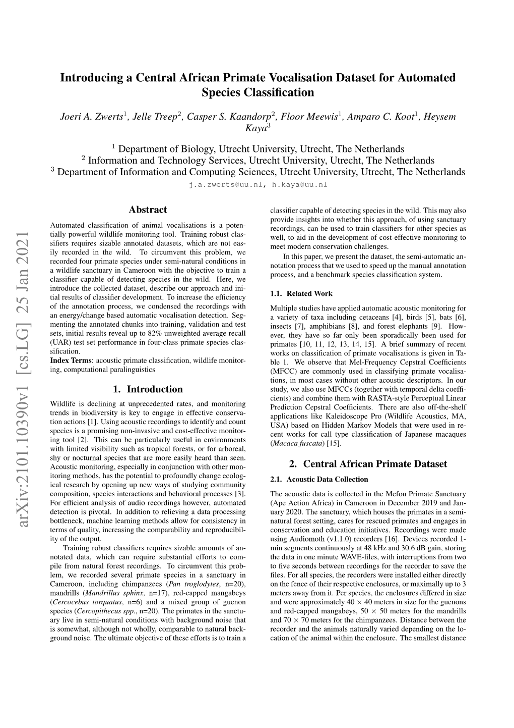 Arxiv:2101.10390V1 [Cs.LG] 25 Jan 2021 Terms of Quality, Increasing the Comparability and Reproducibil- Conservation and Education Initiatives