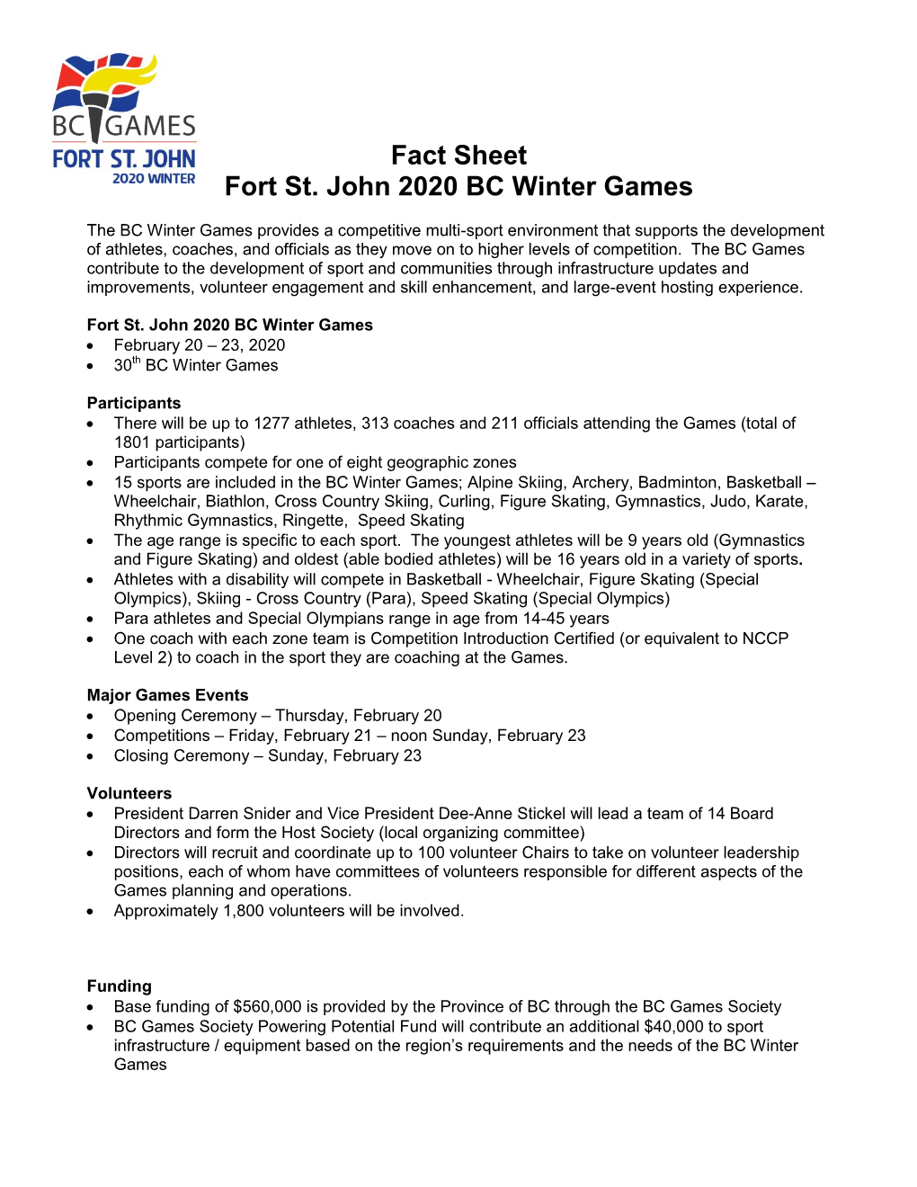 Fort St. John 2020 BC Winter Games Fact Sheet