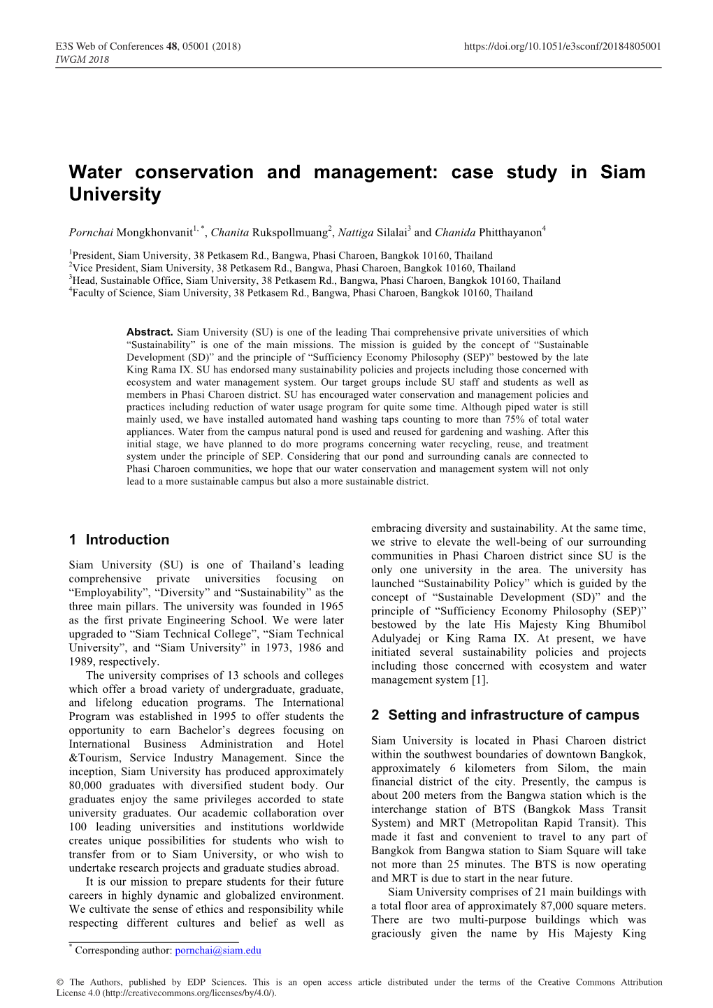 Water Conservation and Management: Case Study in Siam University