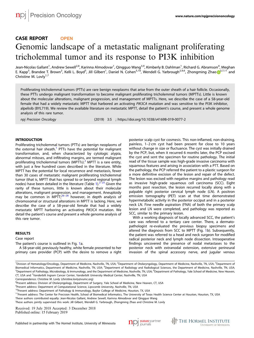 Genomic Landscape of a Metastatic Malignant Proliferating Tricholemmal Tumor and Its Response to PI3K Inhibition