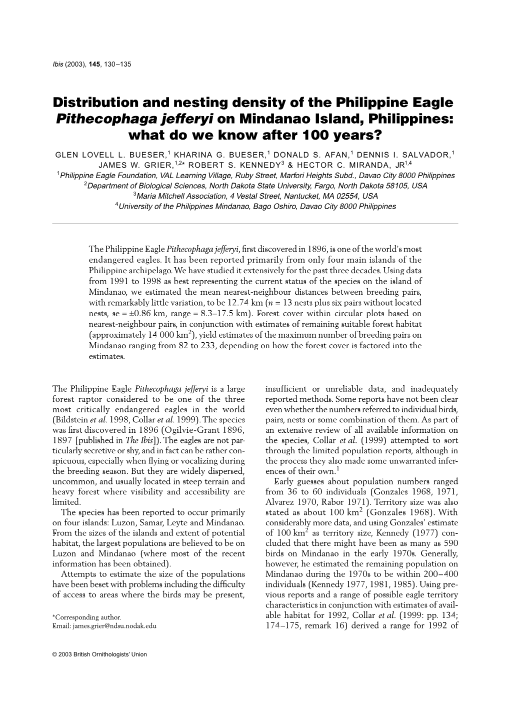 Distribution and Nesting Density of the Philippine Eagle Pithecophaga