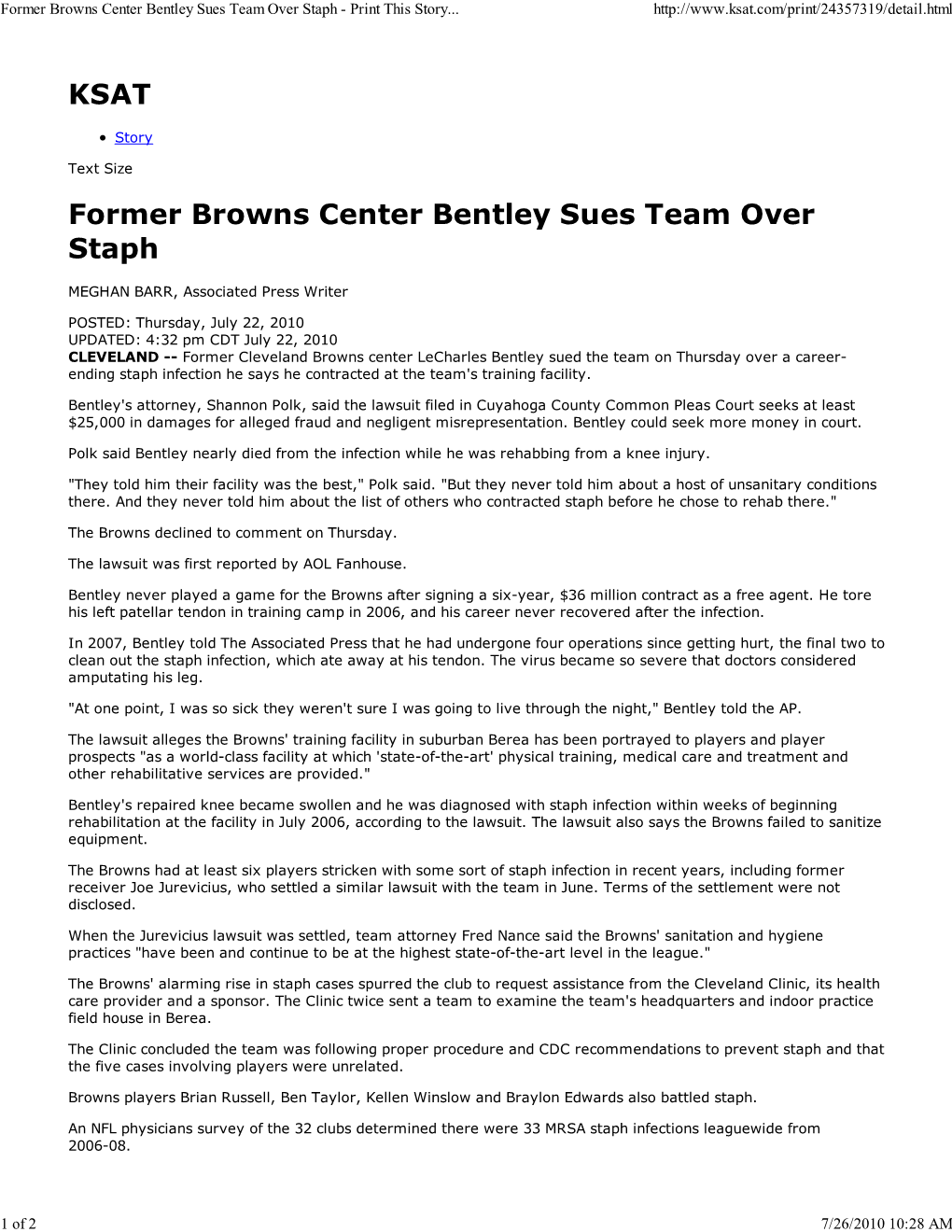 Former Browns Center Bentle