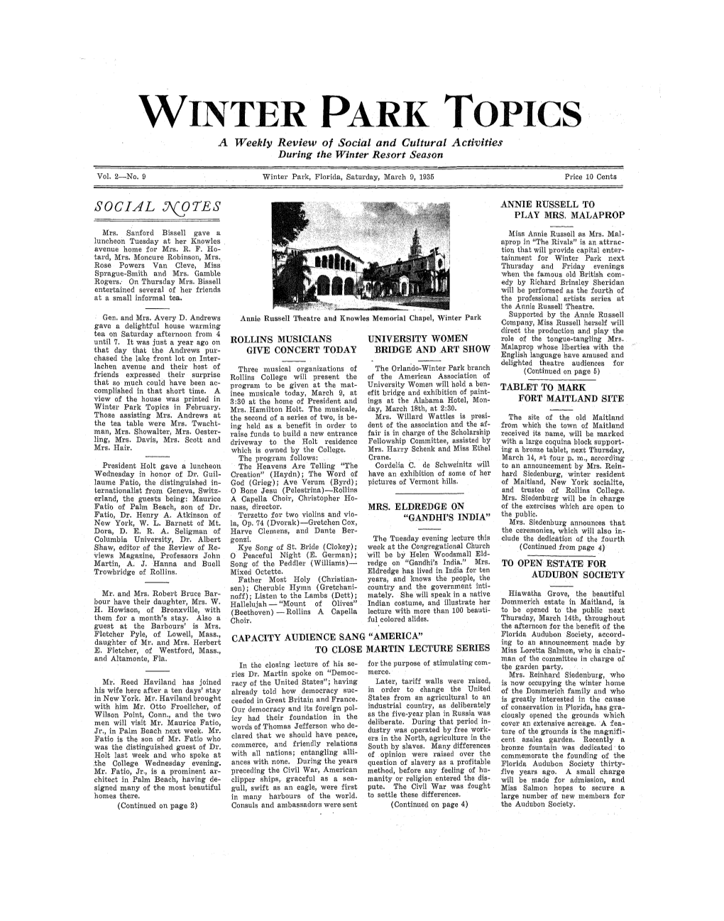 WINTER PARK TOPICS a Weekly Review of Social and Cultural Activities During the Winter Resort Season