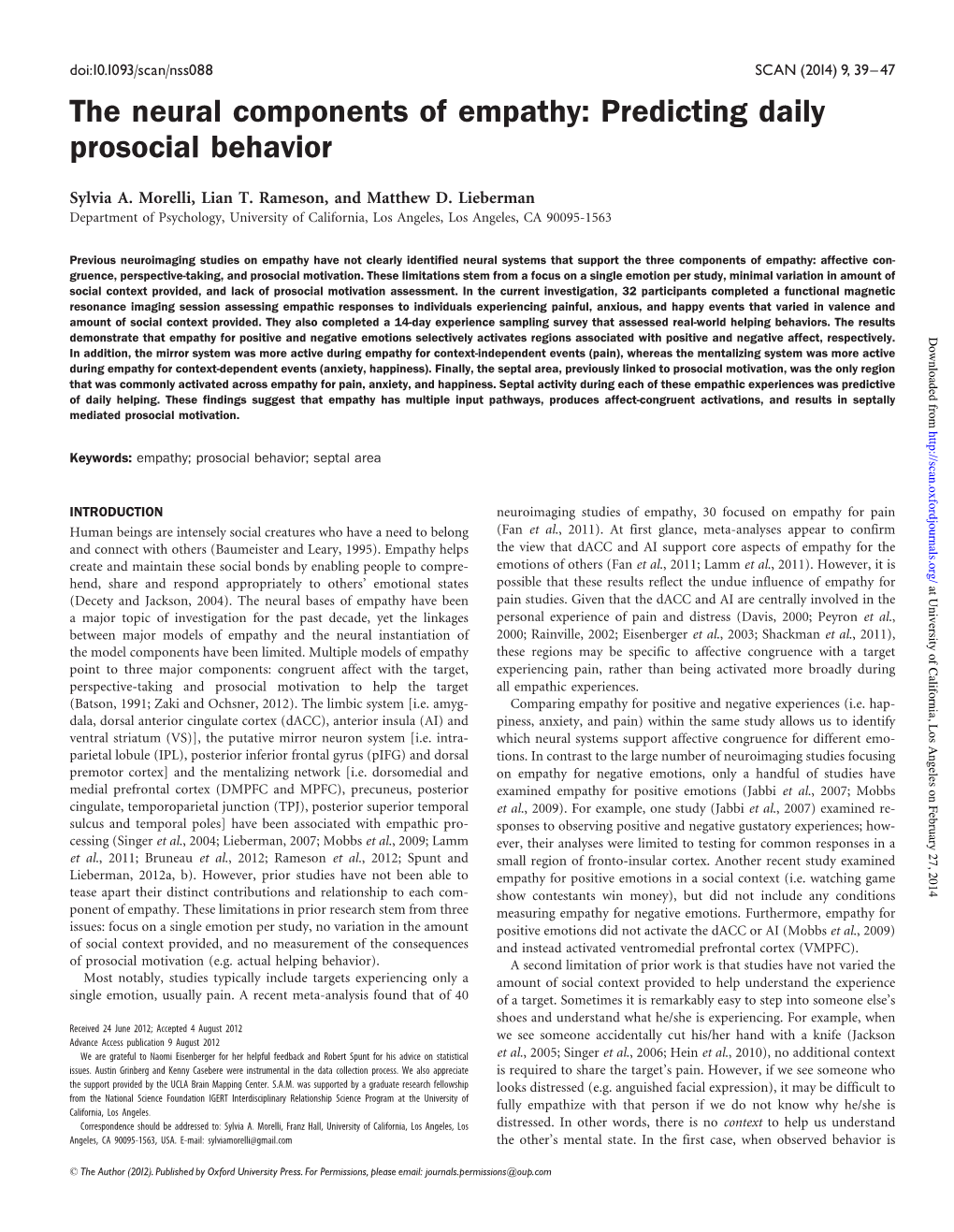 The Neural Components of Empathy: Predicting Daily Prosocial Behavior