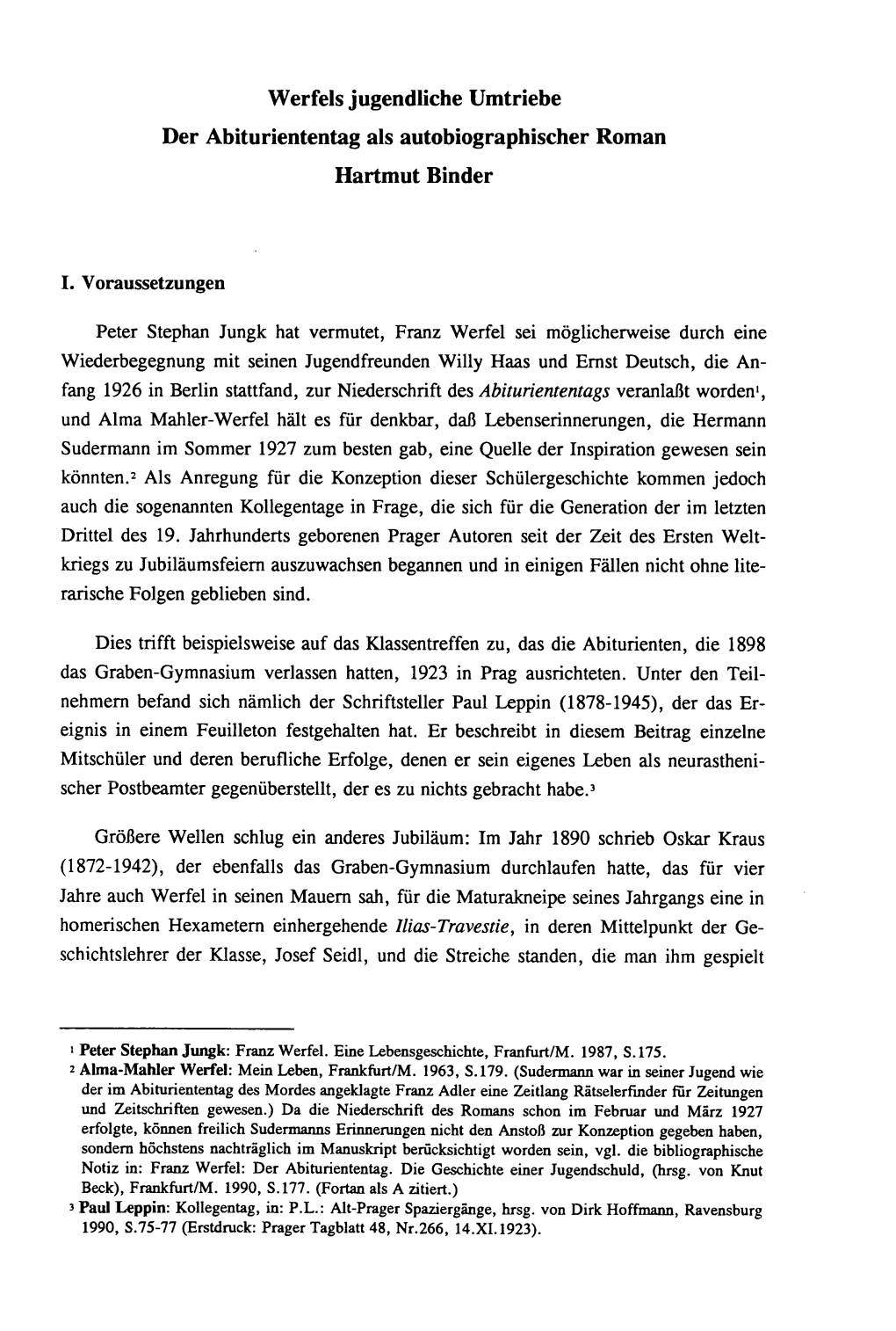 Werfels Jugendliche Umtriebe Der Abituriententag Als Autobiographischer Roman Hartmut Binder