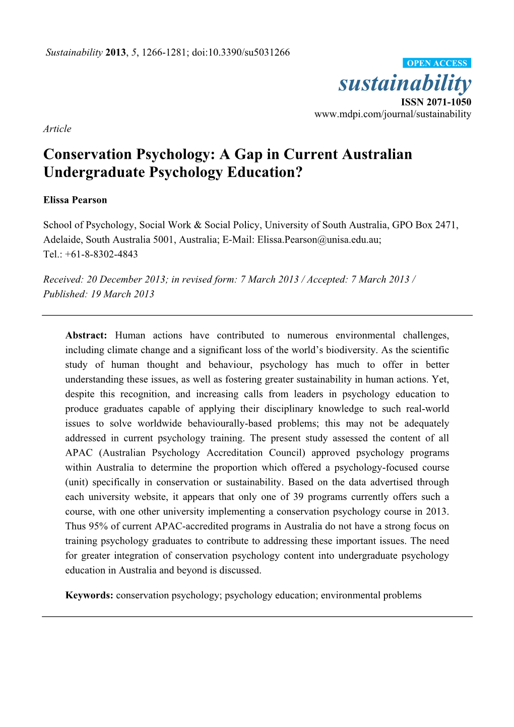 Conservation Psychology: a Gap in Current Australian Undergraduate Psychology Education?