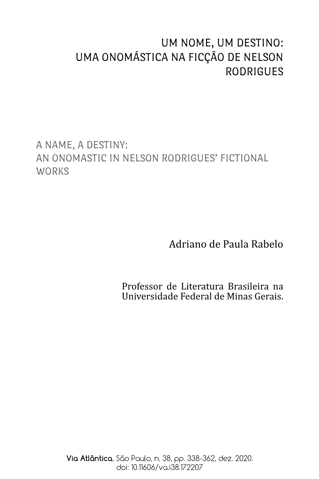 Um Nome, Um Destino: Uma Onomástica Na Ficção De Nelson Rodrigues