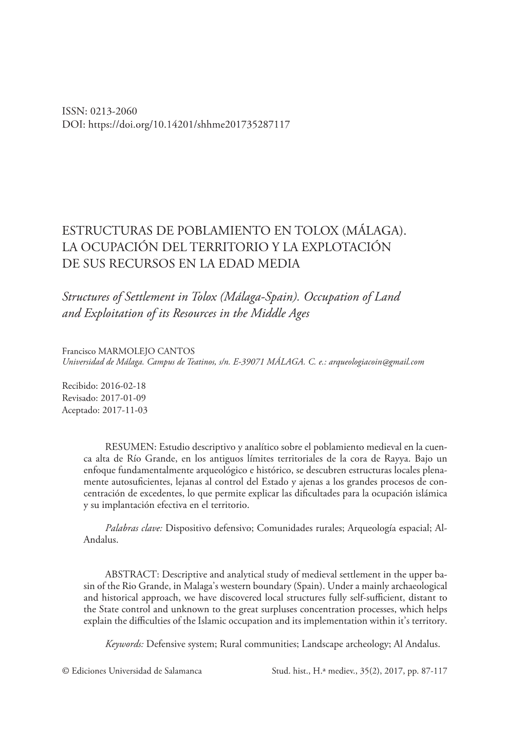 Estructuras De Poblamiento En Tolox (Málaga). La Ocupación Del Territorio Y La Explotación De Sus Recursos En La Edad Media =