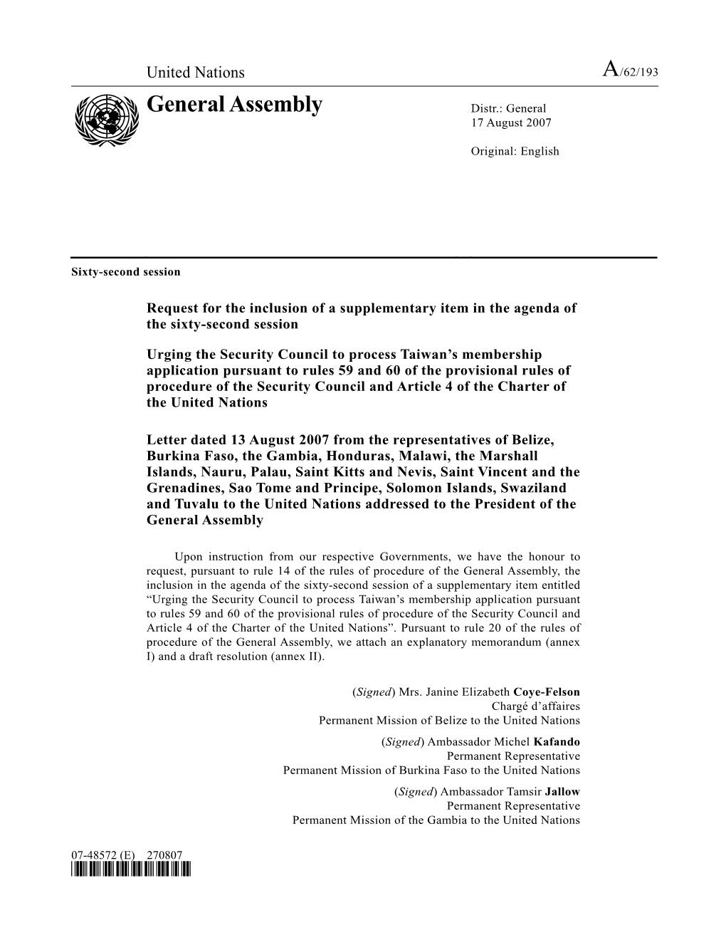 General Assembly Distr.: General 17 August 2007