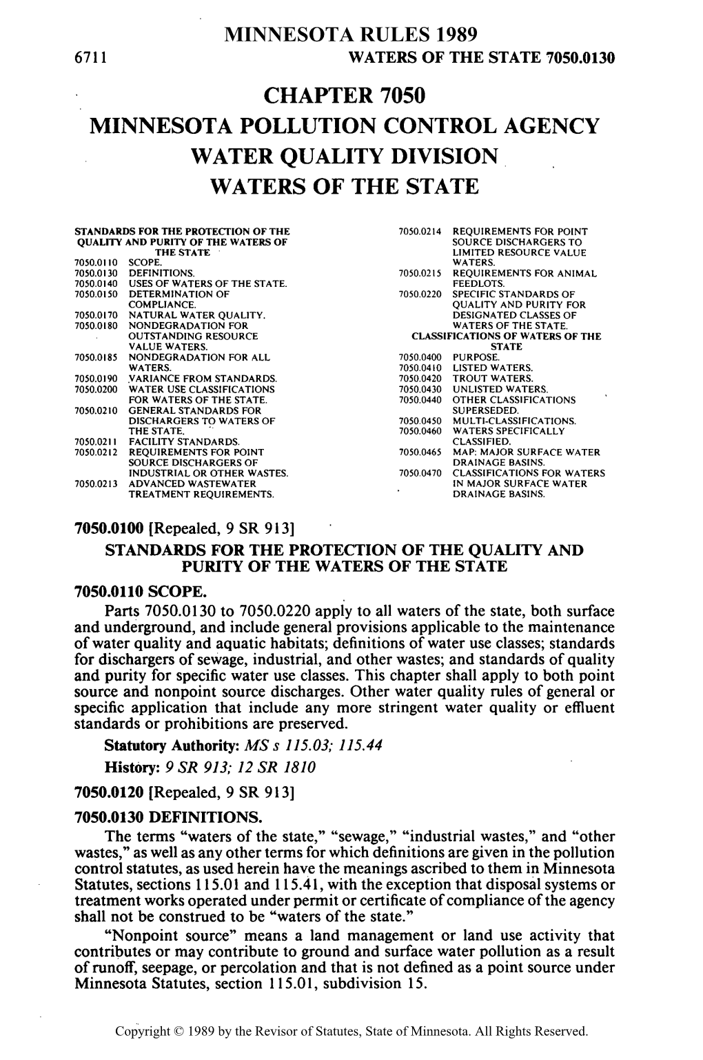 Chapter 7050 Minnesota Pollution Control Agency Water Quality Division Waters of the State