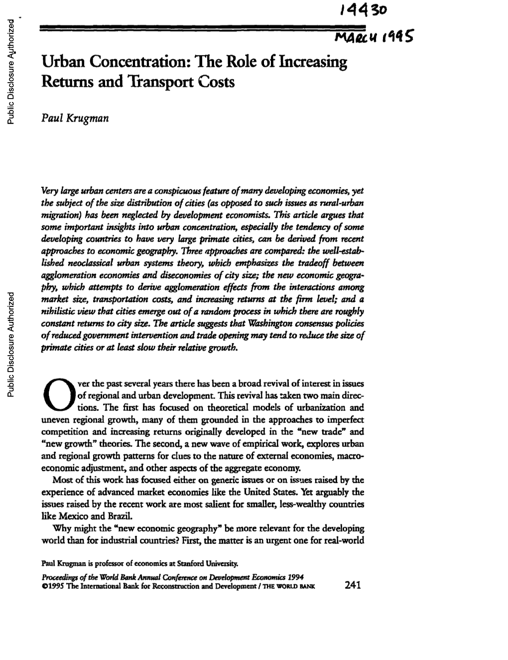 Urban Concentration: the Role of Increasing Returns and Transport Costs