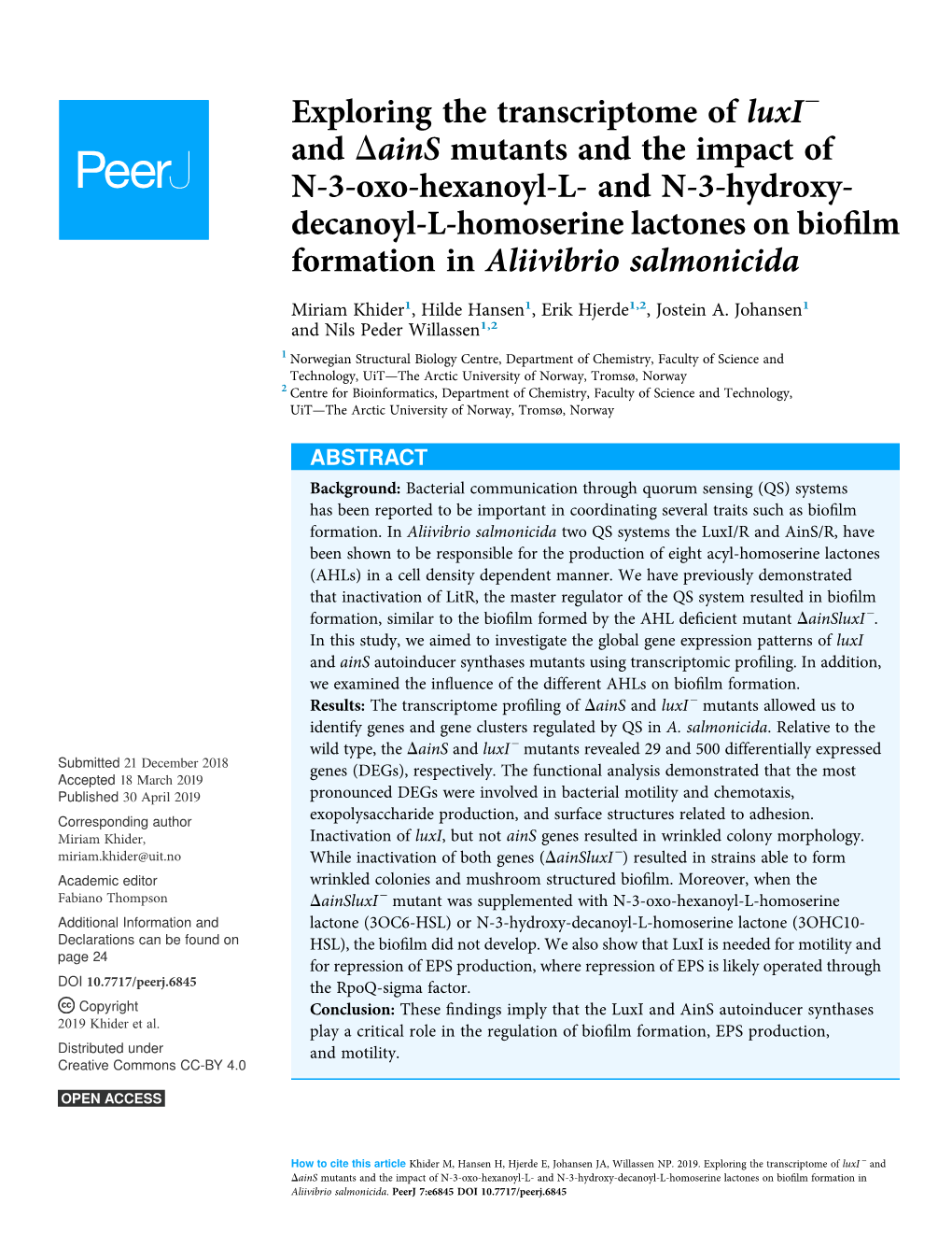 Exploring the Transcriptome of Luxi- and &Dgr;Ains Mutants and the Impact of N-3-Oxo-Hexanoyl-L