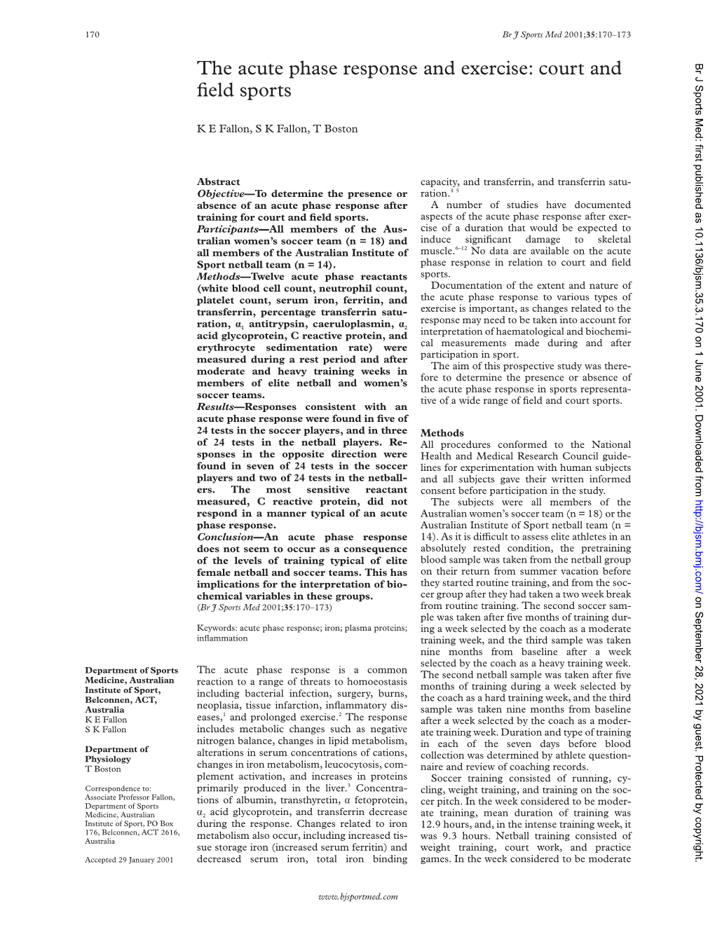 The Acute Phase Response and Exercise: Court and Field Sports