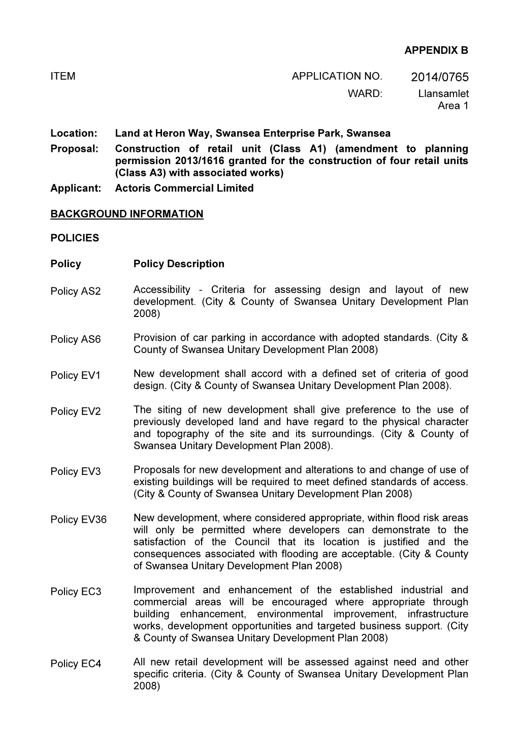 Llansamlet Area 1 Location: Land at Heron Way, Swansea Enterprise