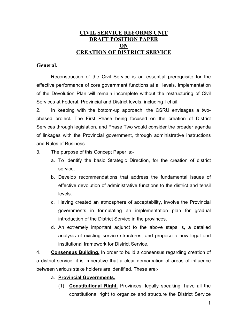 Civil Service Reforms Unit Draft Position Paper on Creation of District Service