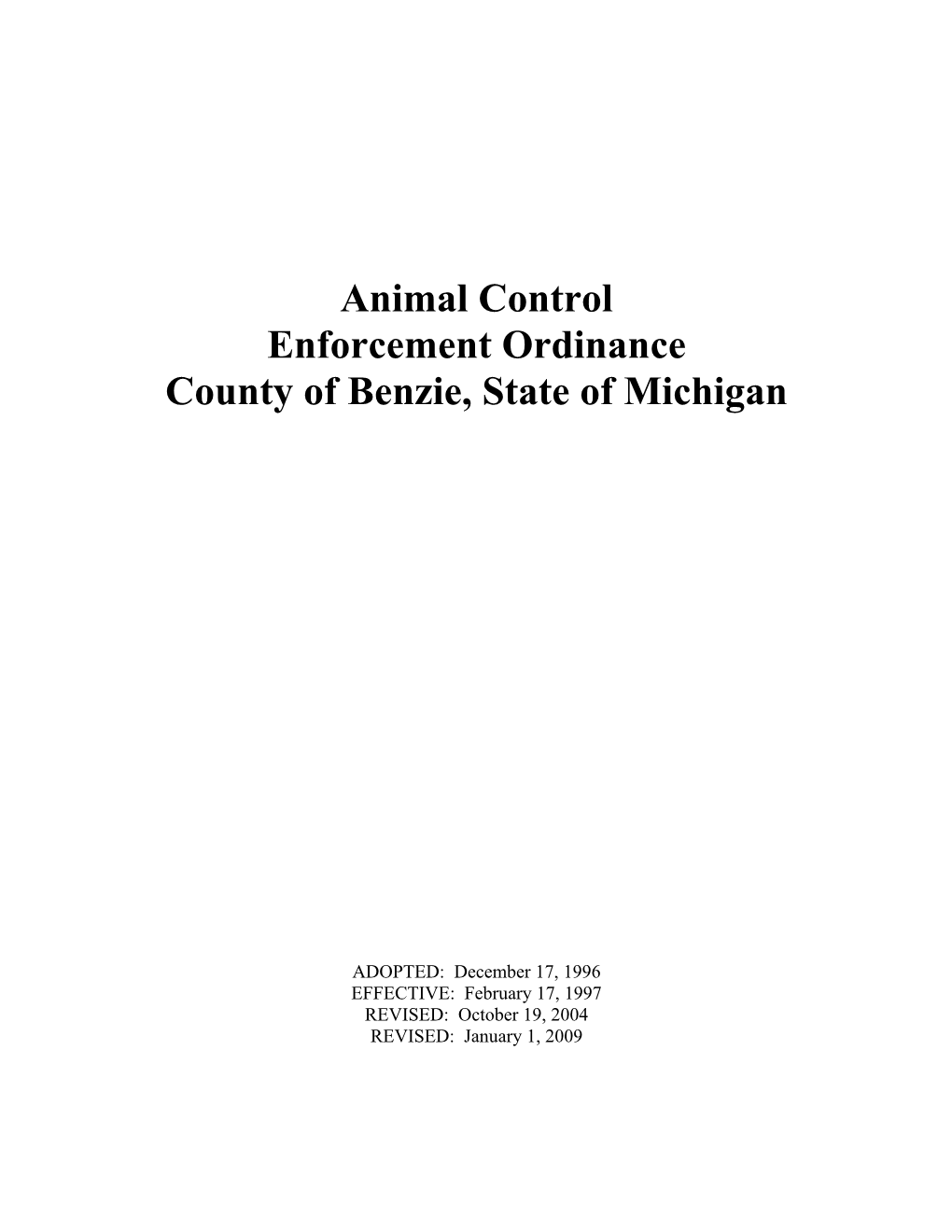 Animal Control Enforcement Ordinance County of Benzie, State of Michigan